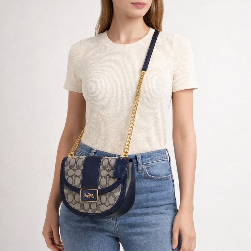 Coach Alie Saddle Crossbody Bag Navy Blue And Gold Signature Jacquard Purse
